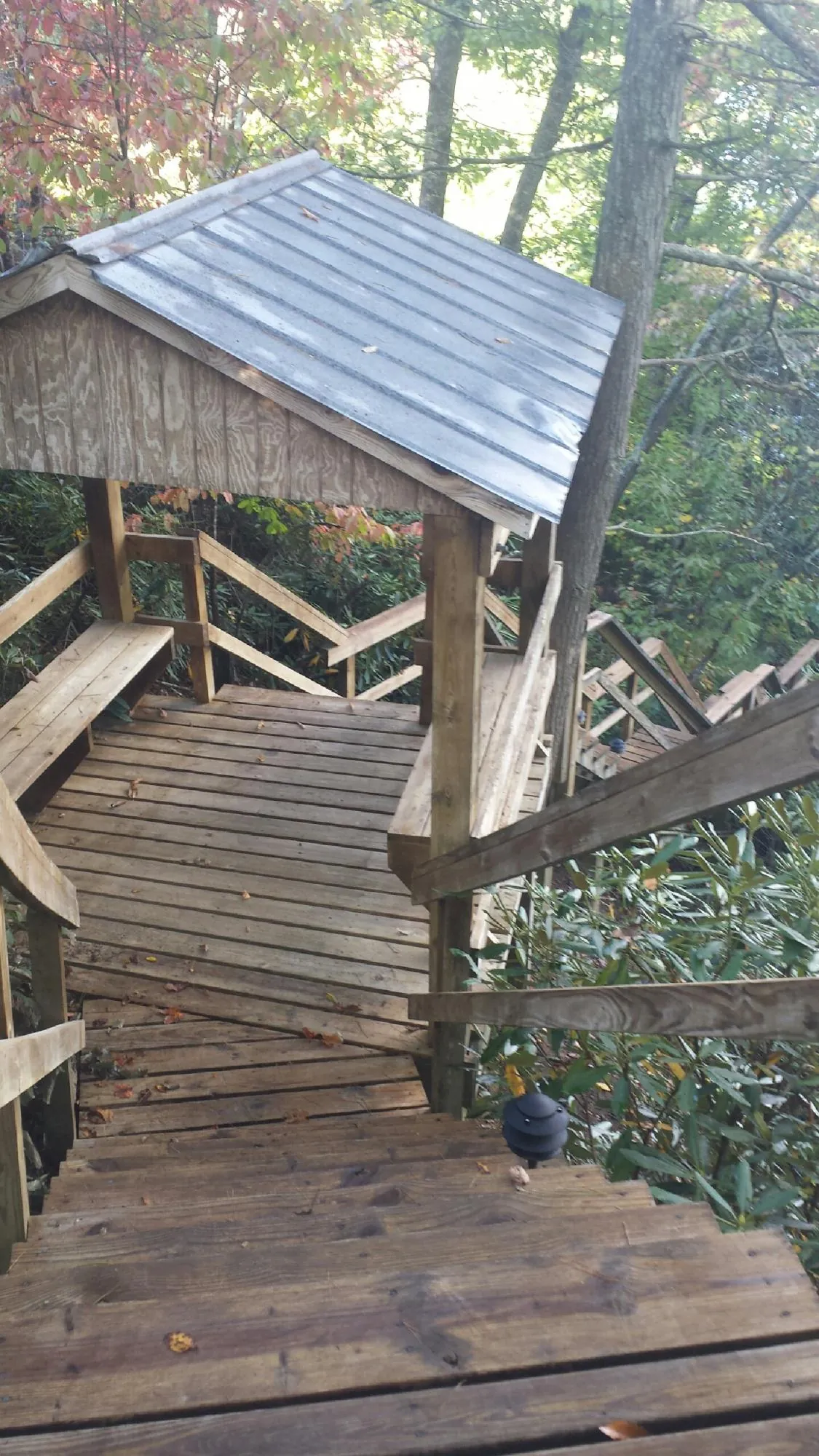 Metal roofed shelter over wooden steps on a wooded walkway — Skylight Repair & Installation work by our crew in Cranberry Township